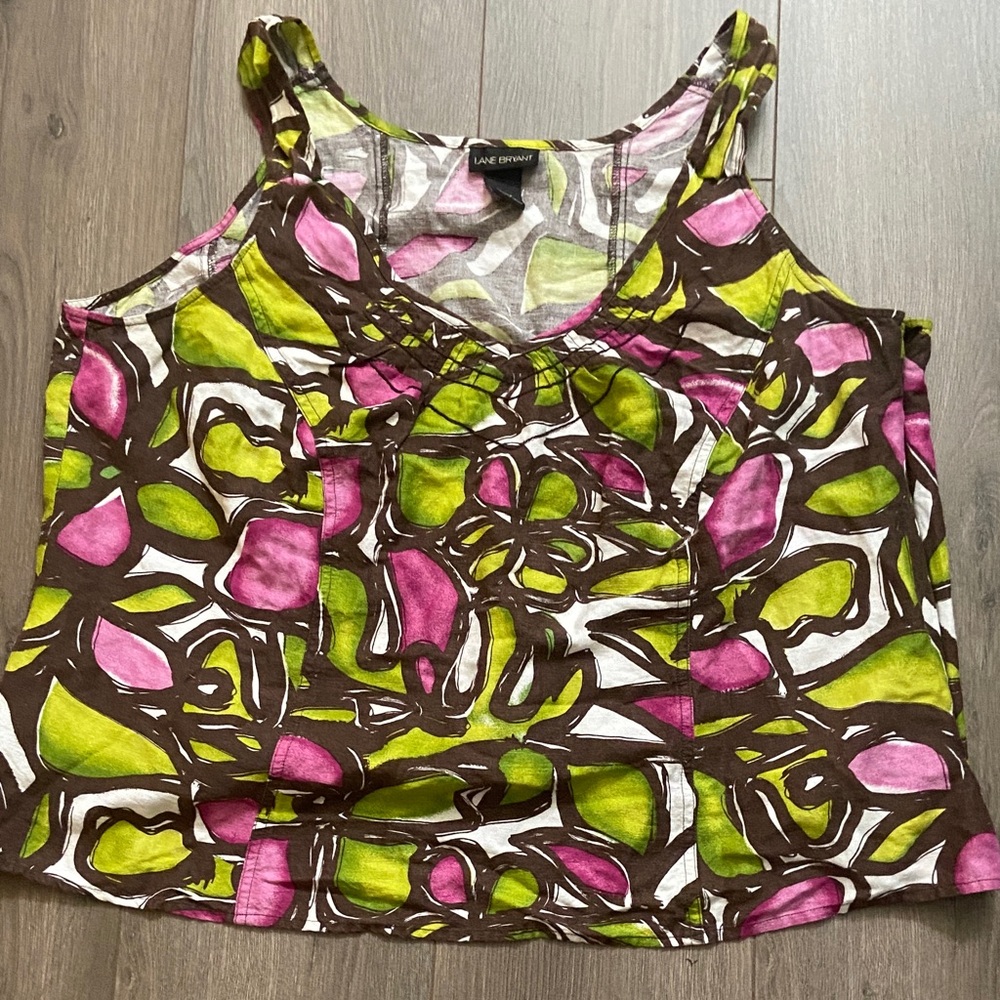 LINEN BLEND MULTI-COLORED BROWN LIME V-NECK TANK TOP VINTAGE